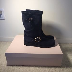 JIMMY CHOO 134BIKER SUEDE NAVY BOOTS